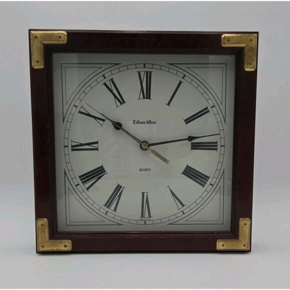 Ethan Allen Wooden Clock Brass Accents Roman Numerals Quartz Made In USA - Picture 1 of 16